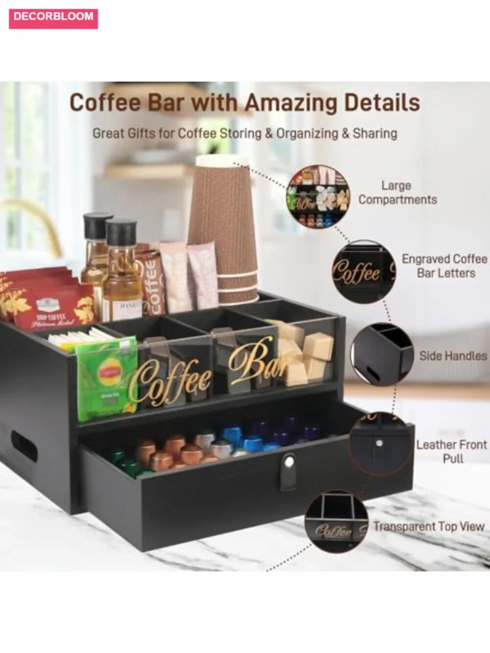 2-Tier Coffee Bar Organizer with Acrylic Top and Built-in Drawer, Solid Wood